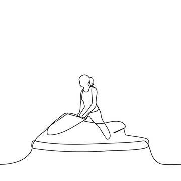 recommend clip art: woman On Stand up Jet Ski - one line art vector. concept woman controls water transport, woman rescuer
