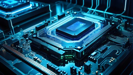 Fototapeta premium A computer chip is shown in a blue and green color scheme