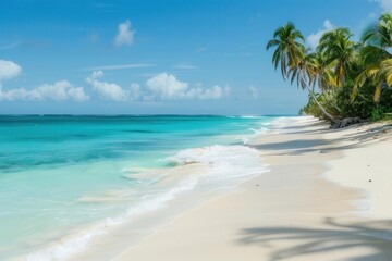 sundrenched tropical beach with crystalclear turquoise waters soft focus on swaying palm trees and powdery white sand creating a serene and inviting paradise atmosphere