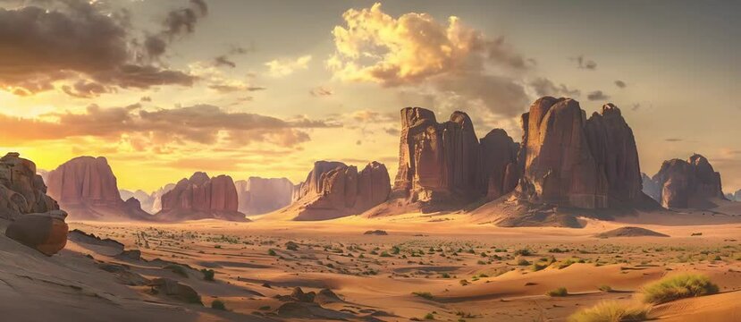 Rocky mountains of Al Ula desert Saudi Arabia at sunset, banner.