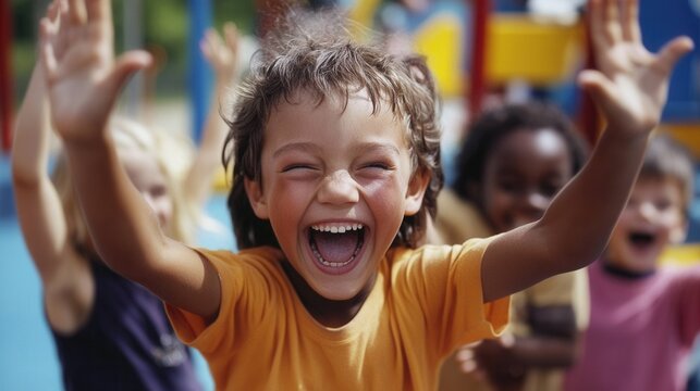 Children using body language in a playground environment displaying joy and excitement without words