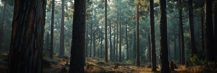 Mysterious Forest Illustration with Tall Trees and Fog