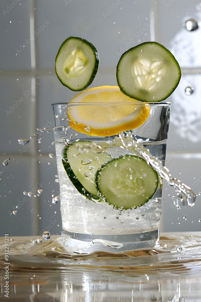 Poster cucumber slices dropping into a glass of water with lemon.