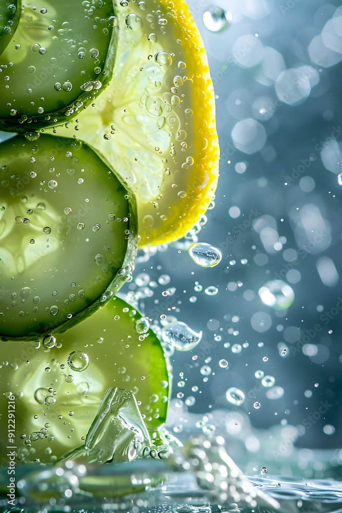 Poster cucumber slices dropping into a glass of water with lemon.