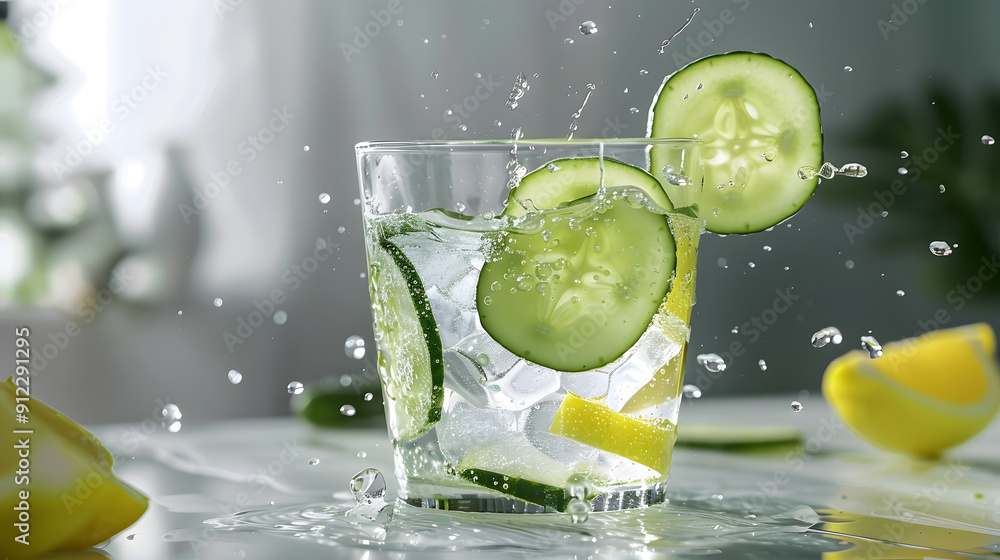 Poster cucumber slices dropping into a glass of water with lemon.