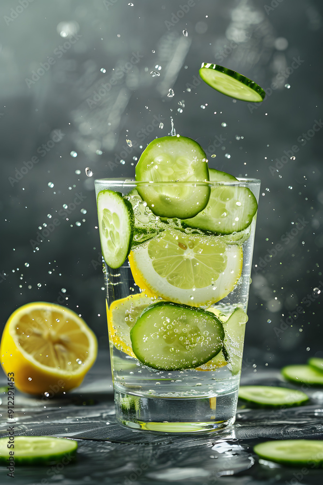 Poster cucumber slices dropping into a glass of water with lemon.