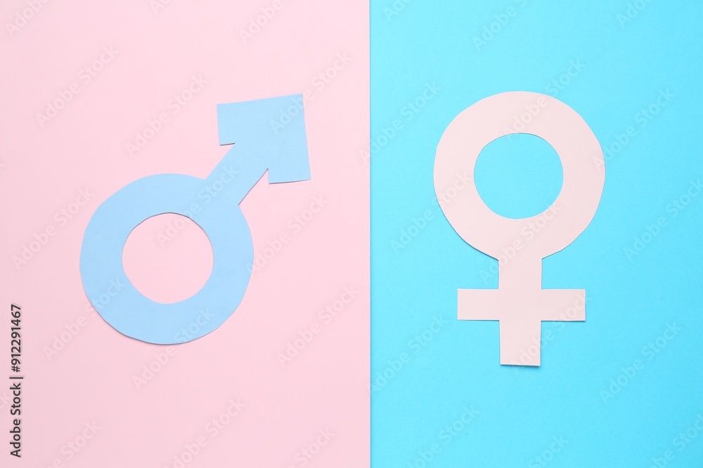 Wall mural Gender equality concept. Male and female symbols on color background, flat lay