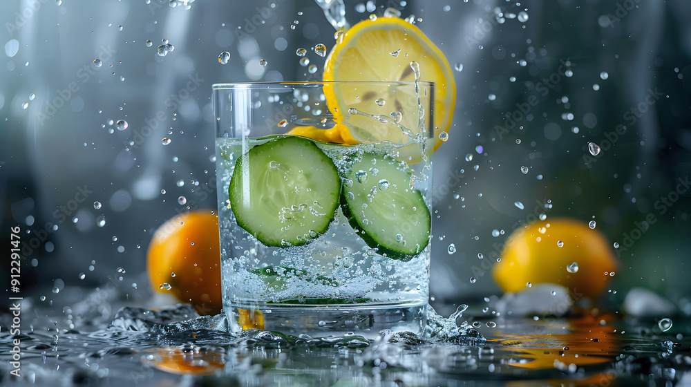 Poster cucumber slices dropping into a glass of water with lemon.