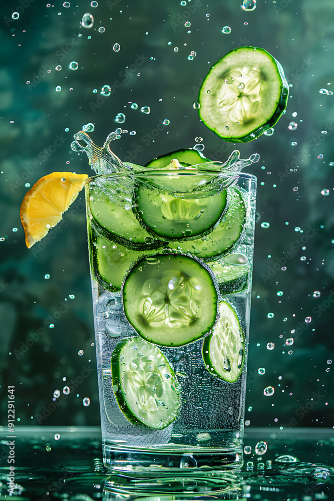Poster cucumber slices dropping into a glass of water with lemon.
