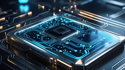 A computer chip is shown in a blue and yellow color scheme