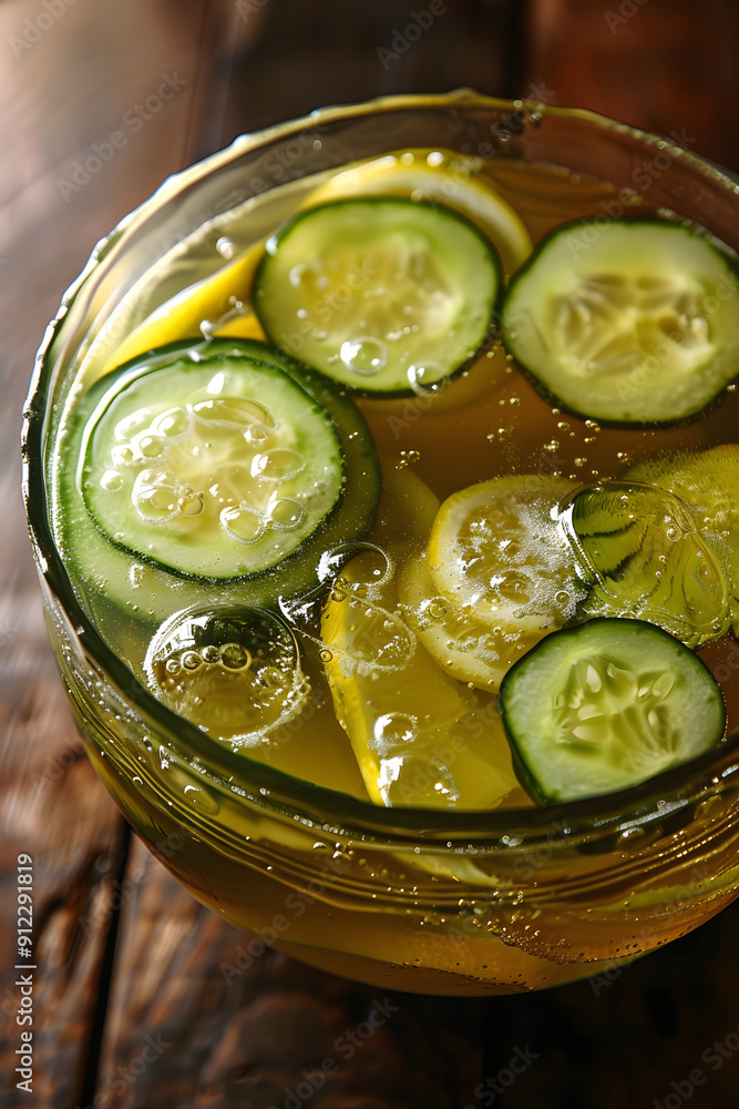 Poster cucumber slices sinking into cool lemonade.