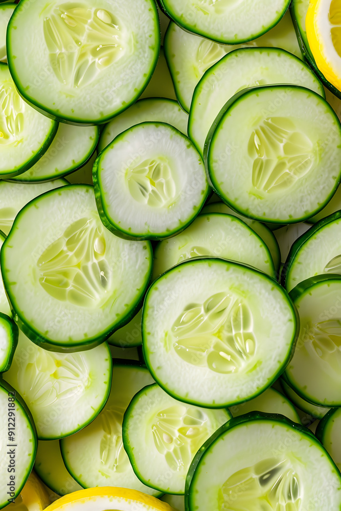 Poster cucumber slices sinking into cool lemonade.