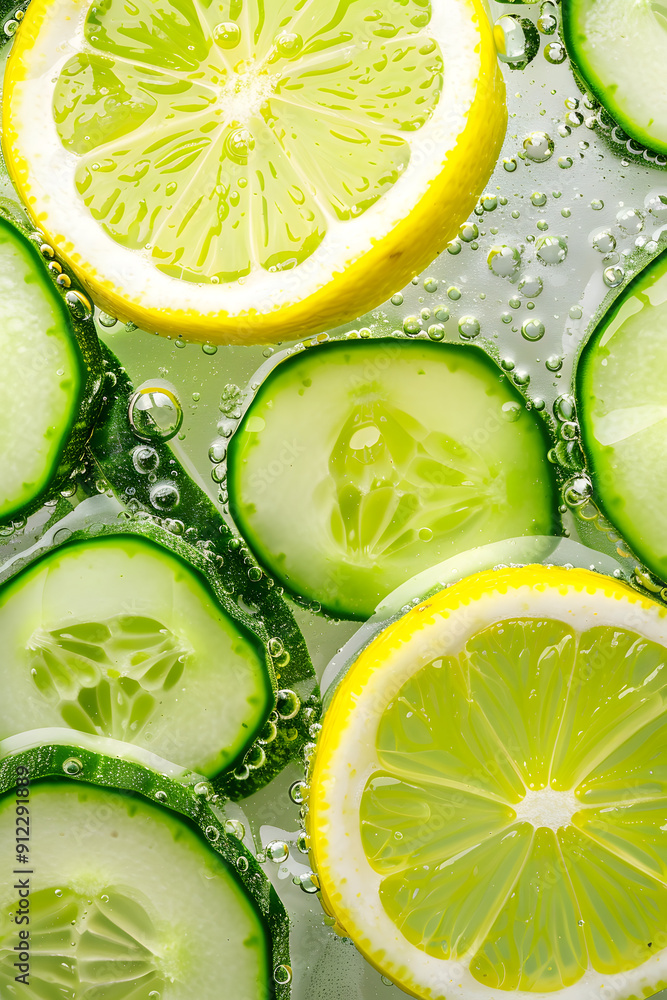 Poster cucumber slices sinking into cool lemonade.