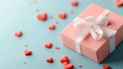 Conceptual flat lay of gift box morphing into heart shape surrounded by red hearts.