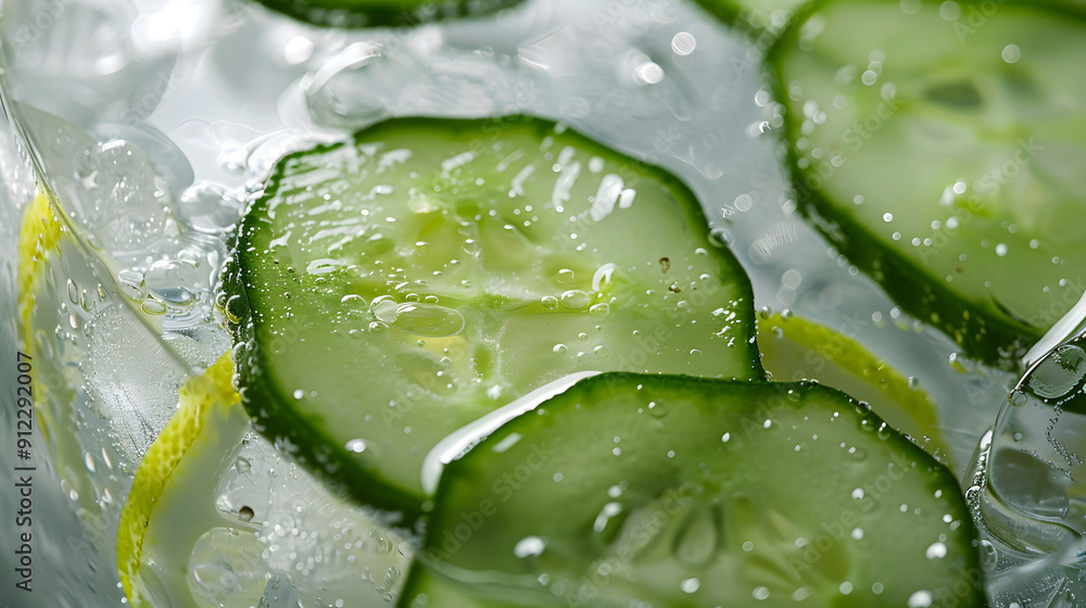 Poster cucumber slices sinking into cool lemonade.