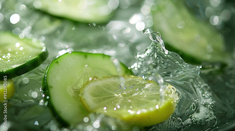 Poster cucumber slices sinking into cool lemonade.