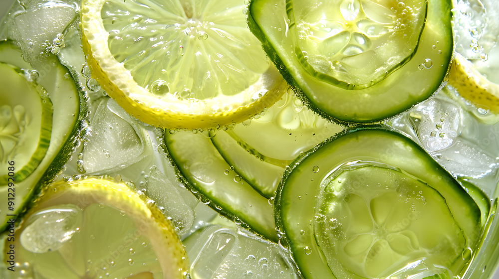 Poster cucumber slices sinking into cool lemonade.