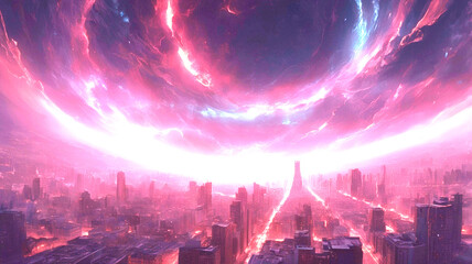 Cosmic vortex over a large city. A gritty, high-contrast cinematic keyframe with a shallow depth of field, featuring a blurred background and a subject in focus, evoking a sense of intimacy and drama.