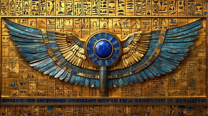 A vibrant wall relief displays a winged goddess with hieroglyphics in a historical context, showcasing ancient Egyptian artistry