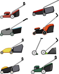 lawn mower set cartoon. care equipment, mover spring, mow work lawn mower sign. isolated symbol vector illustration