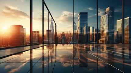 An image of a high rise glass building with a dark steel window system on a clear blue sky background, 
