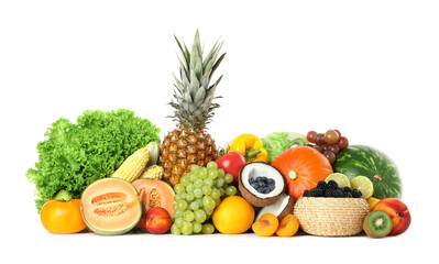 Different fresh vegetables and fruits isolated on white
