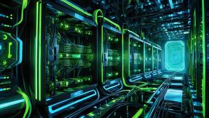 Fototapeta premium A large room with many green wires and lights