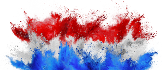 colorful flag of  netherlands with red white and blue color holi paint powder explosion isolated white background. Dutch party soccer  symbol travel and tourism concept.