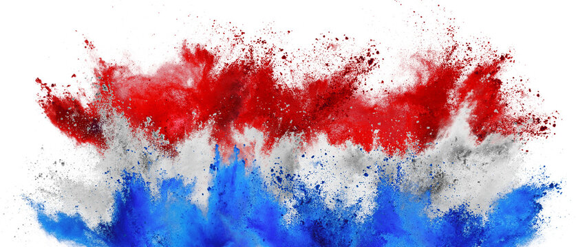 colorful flag of  netherlands with red white and blue color holi paint powder explosion isolated white background. Dutch party soccer  symbol travel and tourism concept.