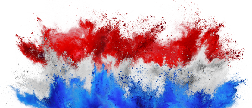 colorful flag of netherlands with red white and blue color holi paint powder explosion isolated white background. Dutch party soccer symbol travel and tourism concept. - Powered by Adobe