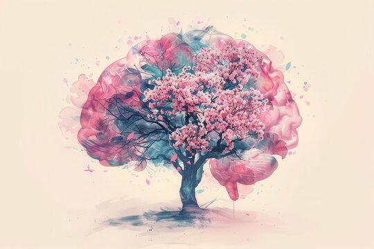 surreal illustration of human brain merged with blooming tree pastel flowers represent positive thoughts dreamy watercolor style on light background