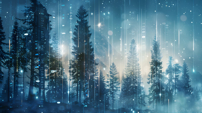 Digital forest with glowing trees and binary code patterns. blending nature and technology 
