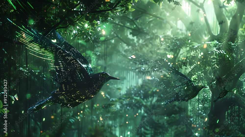Poster digital bird with glowing wings soars through a lush, green forest a surreal and enchanting image th