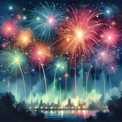 Watercolor painting of fireworks dancing in the night sky
