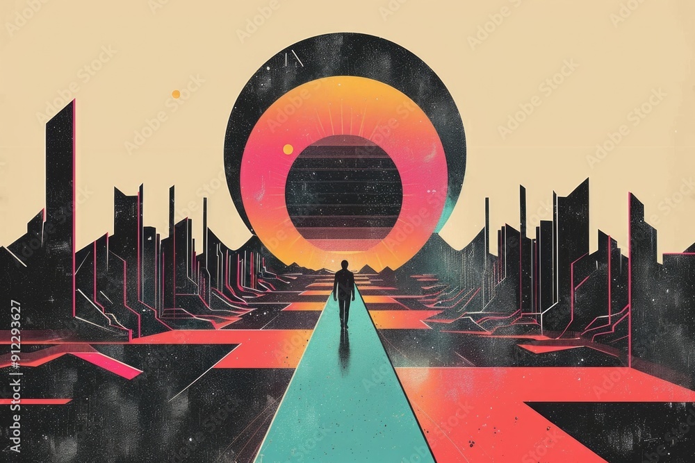 Aufkleber A person standing in a futuristic urban landscape with a large circular structure in the background