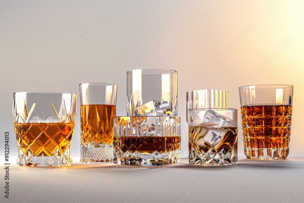 Poster a selection of glasses filled with various types of alcohol, perfect for showcasing a range of bever