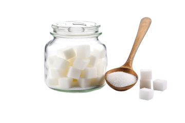 A Jar of Sweetness: White Sugar Cubes and Spoonful of Granulated Sugar on a White or Clear Surface PNG Transparent Background.