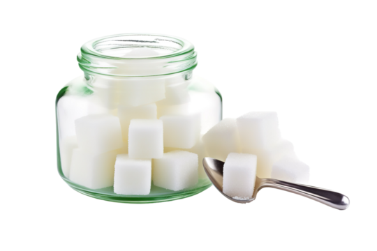 A Jar of White Sugar Cubes on a White Background on a White or Clear Surface PNG Transparent Background.