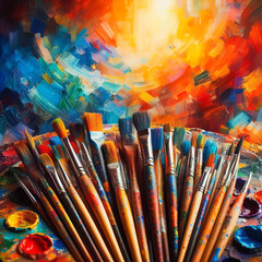 Fototapeta premium An array of paintbrushes rests against a vibrant canvas, alive with strokes of vivid hues and artistic potential