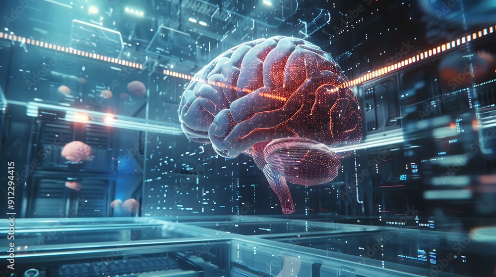 Poster digital representation of a brain, surrounded by abstract circuits and technology, symbolizing the f