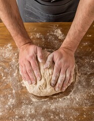 Manos de un panadero amasando masa de pan en una panader&iacute;a para meterlo en el horno. Vista superior