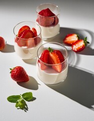 Postre italiano, panacota en vaso de cristal con mermelada de fresas encima y fresas enteras de...