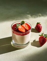 Postre italiano, panacota en vaso de cristal con mermelada de fresas encima y fresas enteras de...