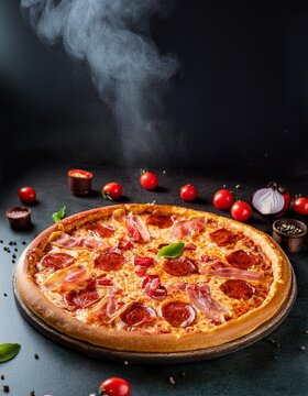 Primer plano de pizza reci&eacute;n salida del horno con pepperoni, beicon y tomate saliendo humo. vista superior, fondo oscuro