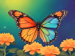 Fototapeta premium Multicolored butterfly on orange flowers