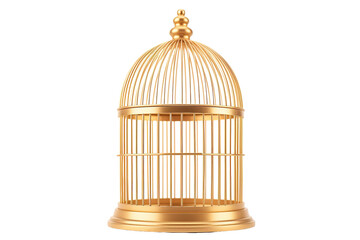 A Golden Cage Awaits Its Captive - An Empty Birdcage Gleams Under Studio Lights on a White or Clear Surface PNG Transparent Background.
