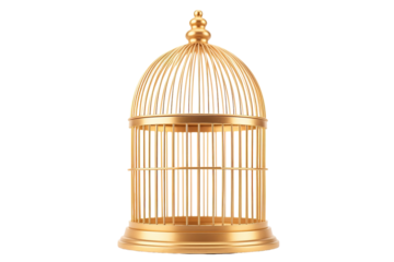 A Golden Cage Awaits Its Captive - An Empty Birdcage Gleams Under Studio Lights on a White or Clear Surface PNG Transparent Background.