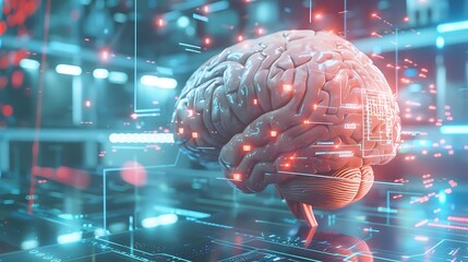 3D rendering of a human brain  with digital interface, representing the intersection of technology and human intelligence.