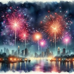 Watercolor painting of fireworks dancing in the night sky
