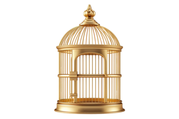 A Gilded Cage of Enchantment, Awaiting Its Captive on a White or Clear Surface PNG Transparent Background.